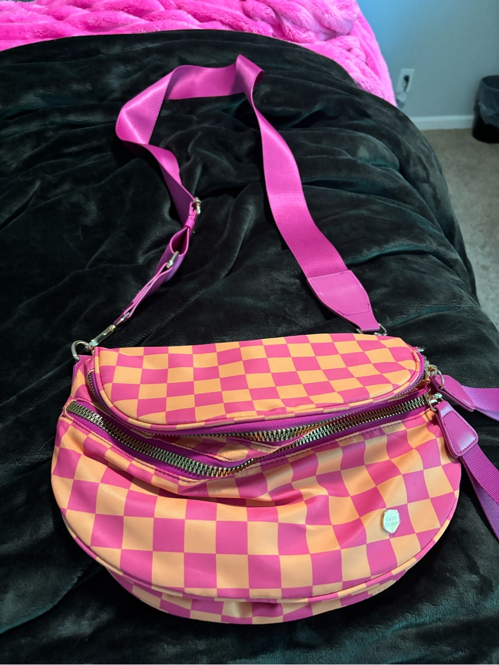 Gold blush orange and pink checkered viral bum bag